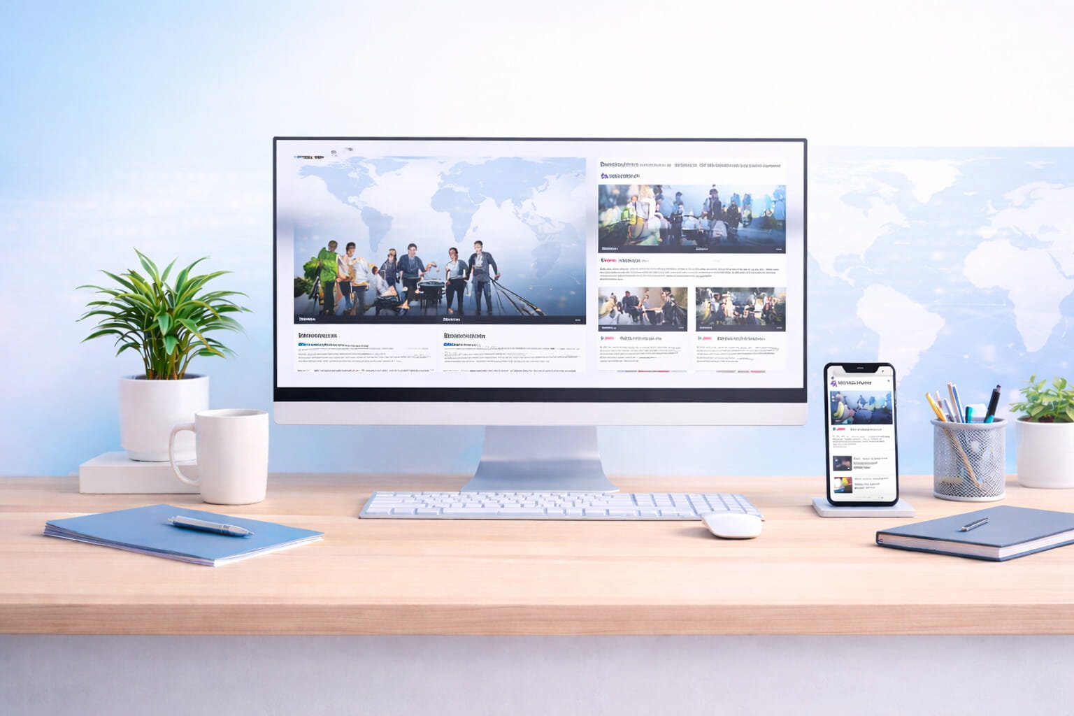 Bright modern newsroom workspace with computer and mobile news layout