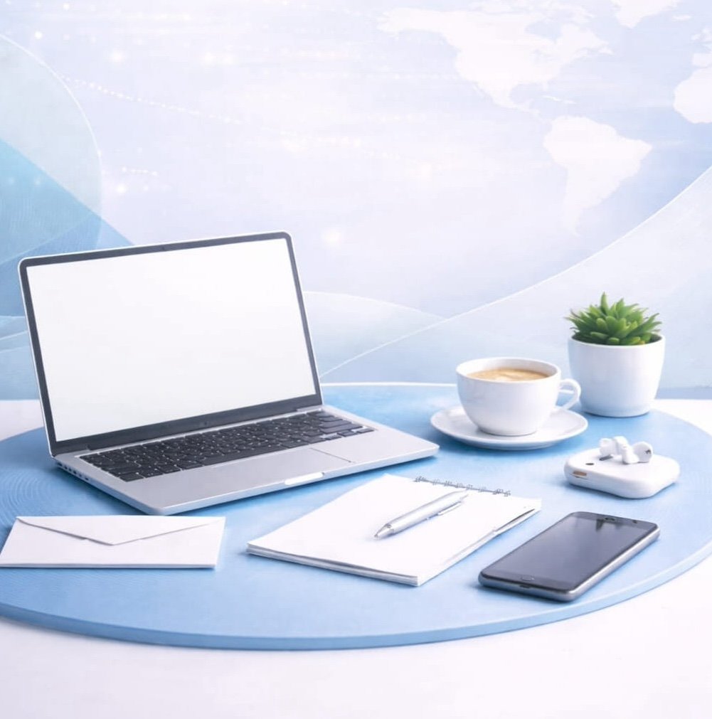 Modern workspace with laptop envelope and notebook on a clean desk