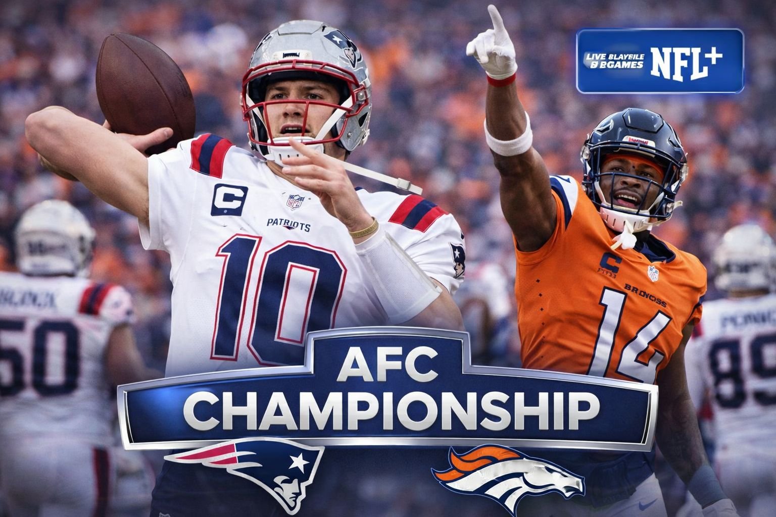 AI generated image showing an AFC Championship football matchup atmosphere with quarterbacks and playoff intensity