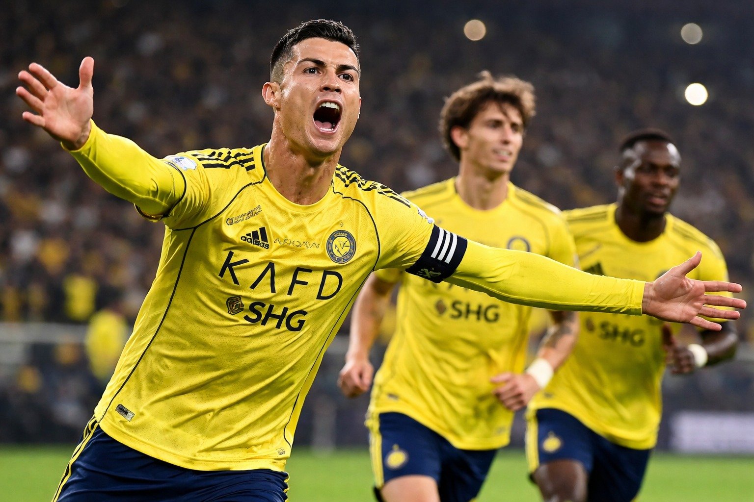 AI generated image of a footballer in yellow jersey celebrating during a night match
