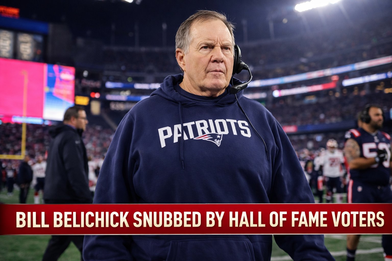 NFL coach walking on the field after a game with stadium lights in the background