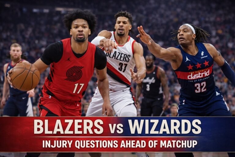 NBA game action featuring Portland Trail Blazers player driving toward the basket during a matchup