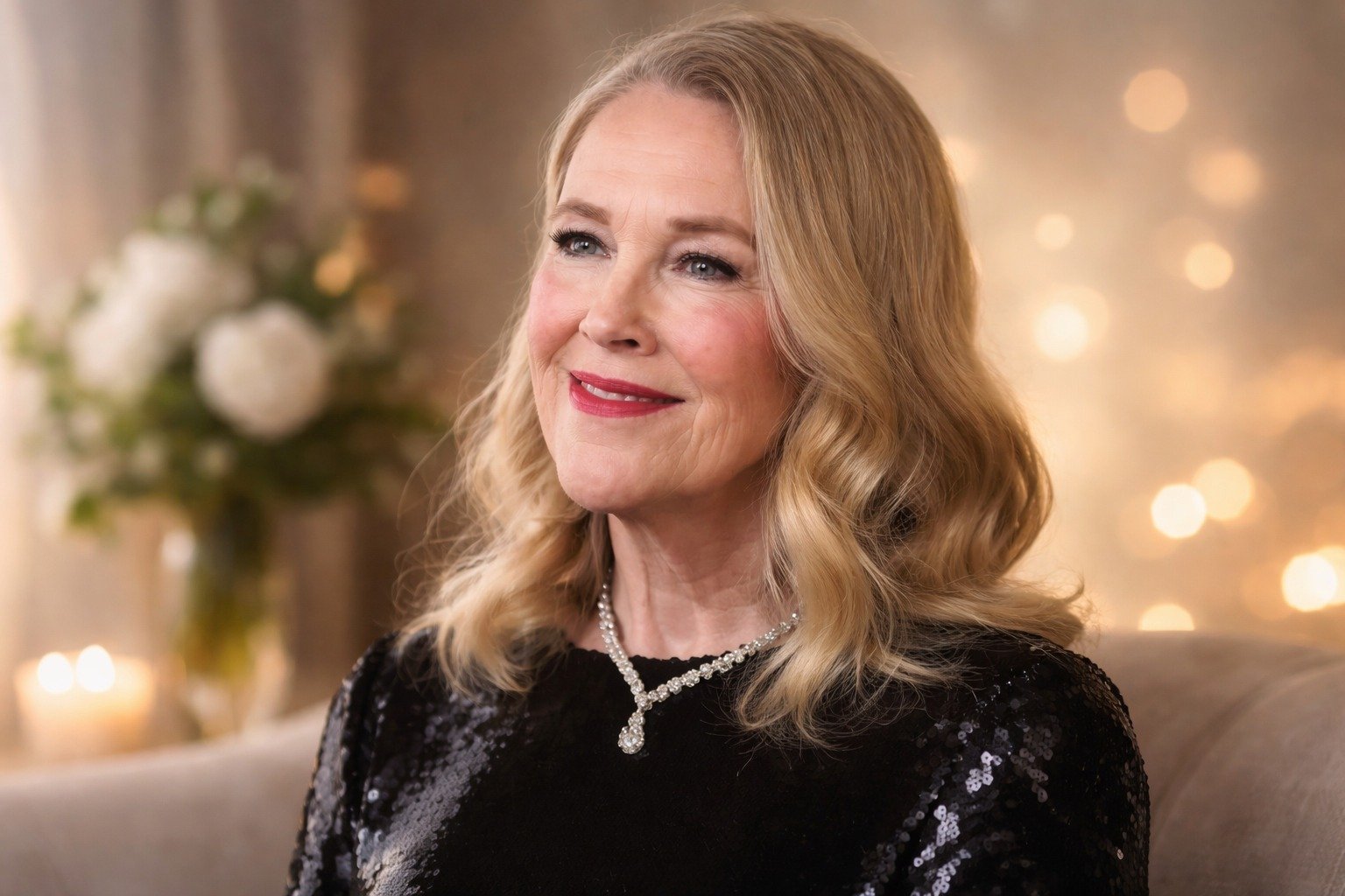 AI generated portrait of an older blonde woman with soft lighting and calm expression