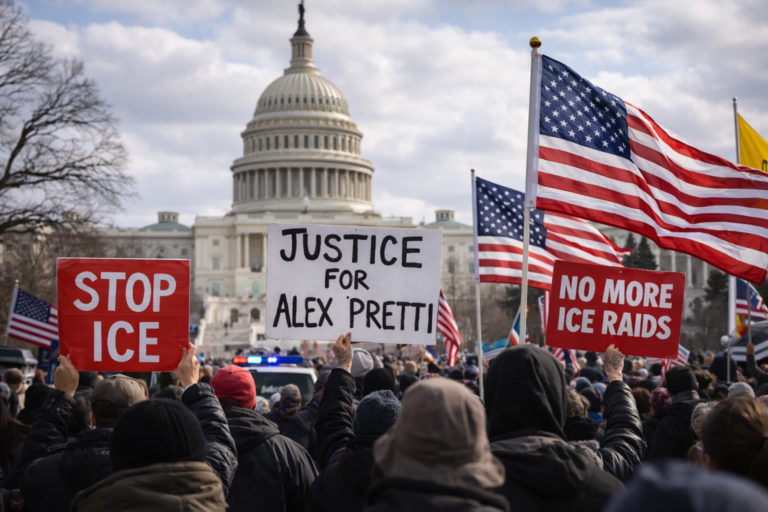 Protesters holding banners outside a government building during an immigration enforcement demonstration