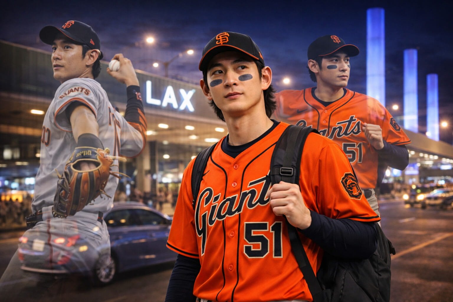 AI generated illustration of San Francisco Giants outfielder Jung Hoo Lee at LAX
