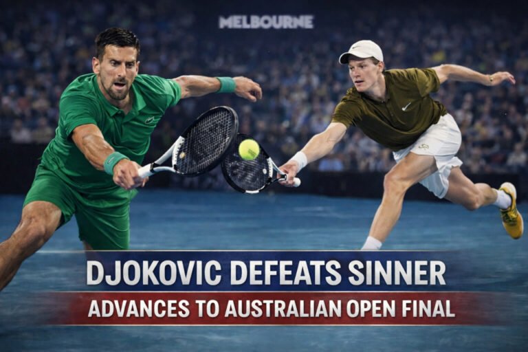 Jannik Sinner and Novak Djokovic competing during Australian Open semifinal rally