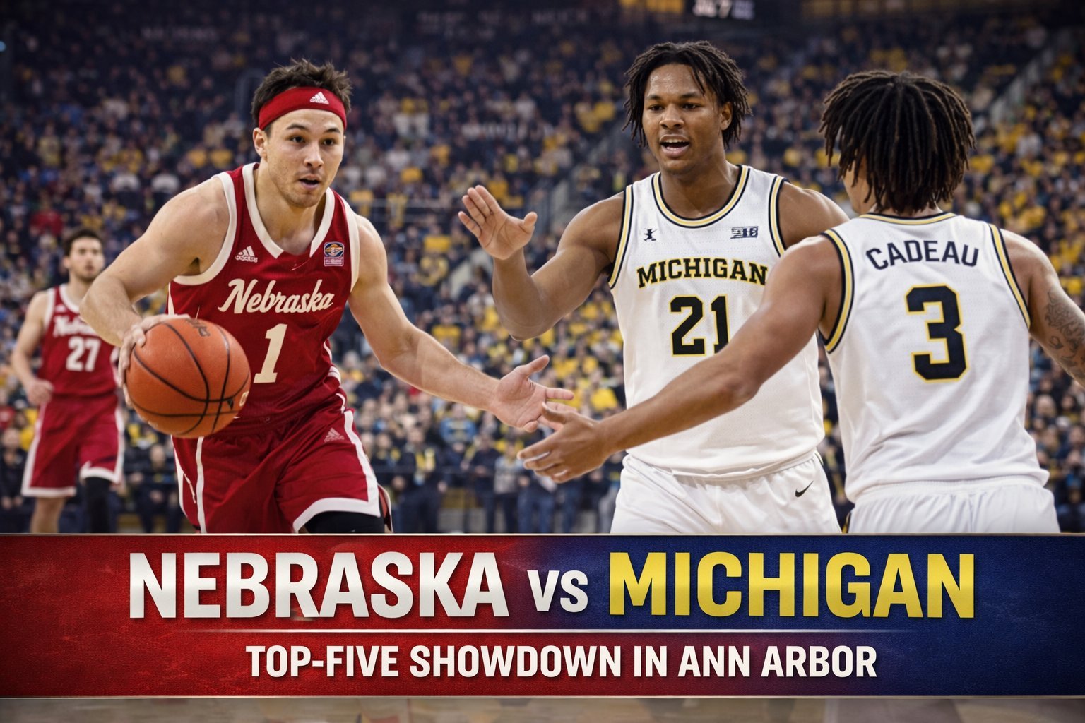 College basketball game action inside a packed arena during a top ranked matchup