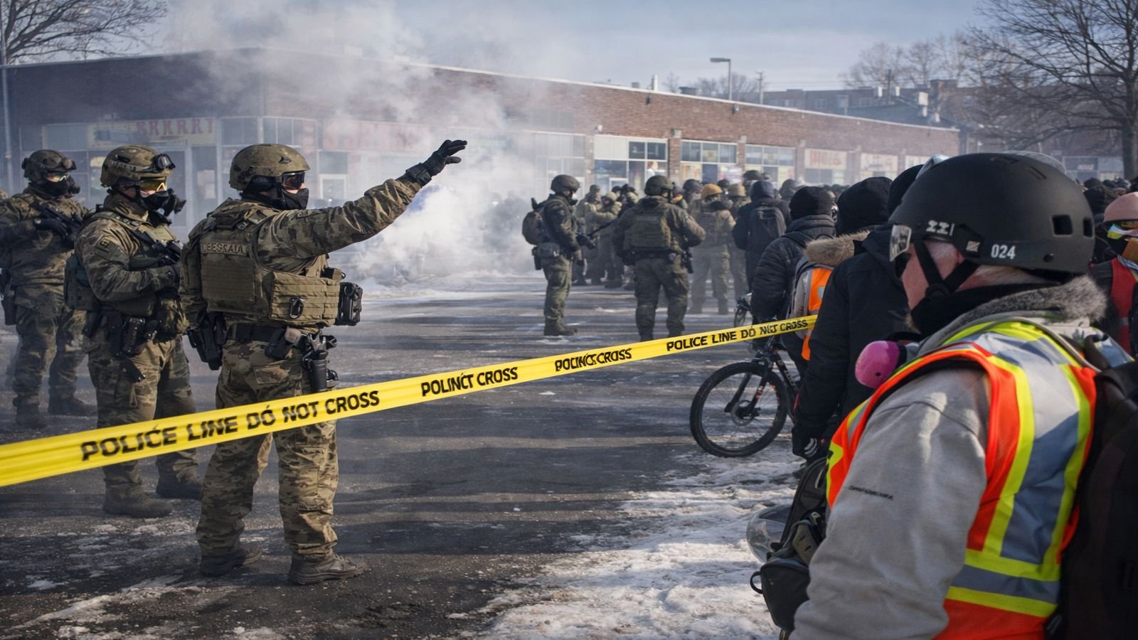 AI generated image showing law enforcement and protesters facing each other at a secured Minneapolis street