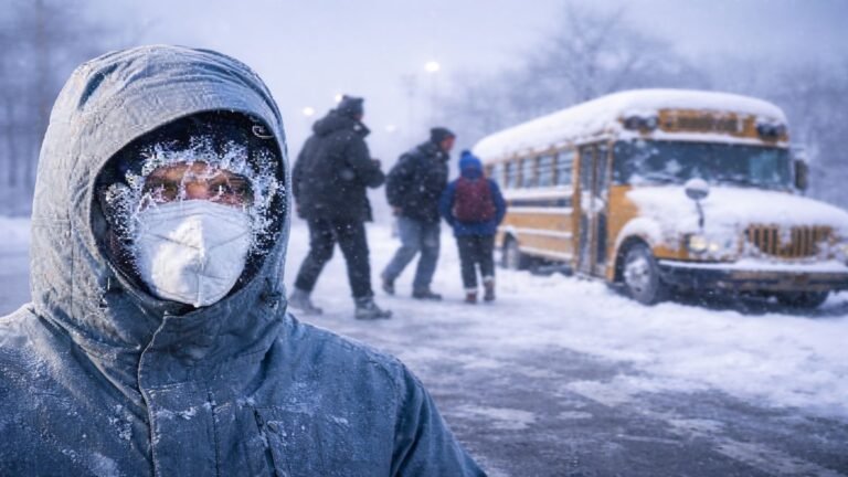 AI generated image showing people enduring extreme cold during a severe winter weather event