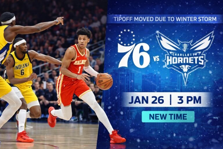 Basketball game action with weather related schedule change theme in an NBA arena