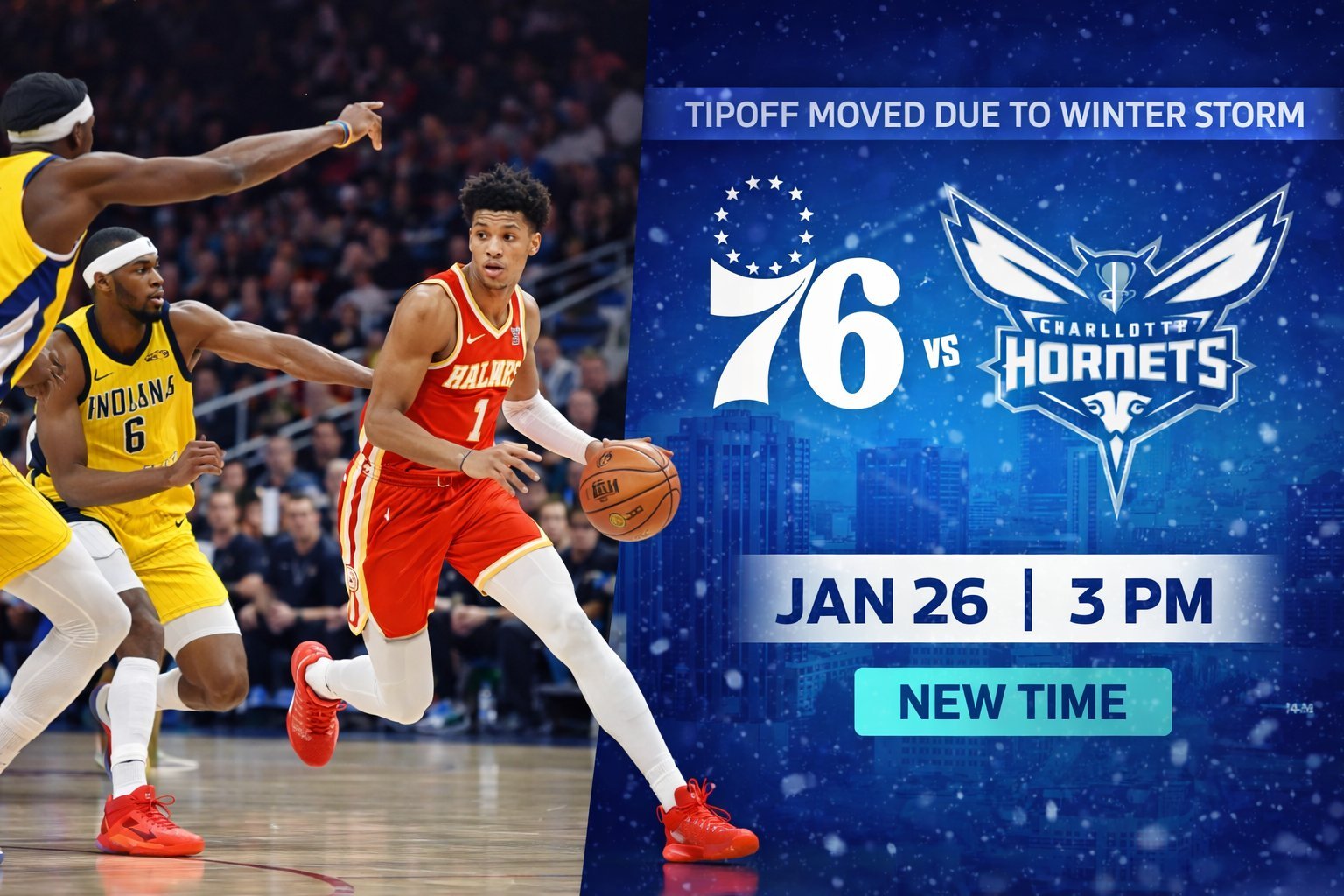 Basketball game action with weather related schedule change theme in an NBA arena