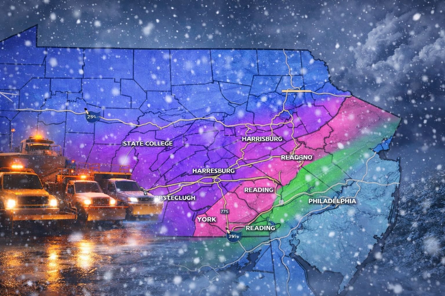 AI generated weather map showing snow and icy conditions spreading across Pennsylvania