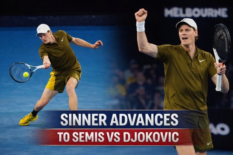 Tennis player celebrating a point on a blue hard court during an Australian Open match