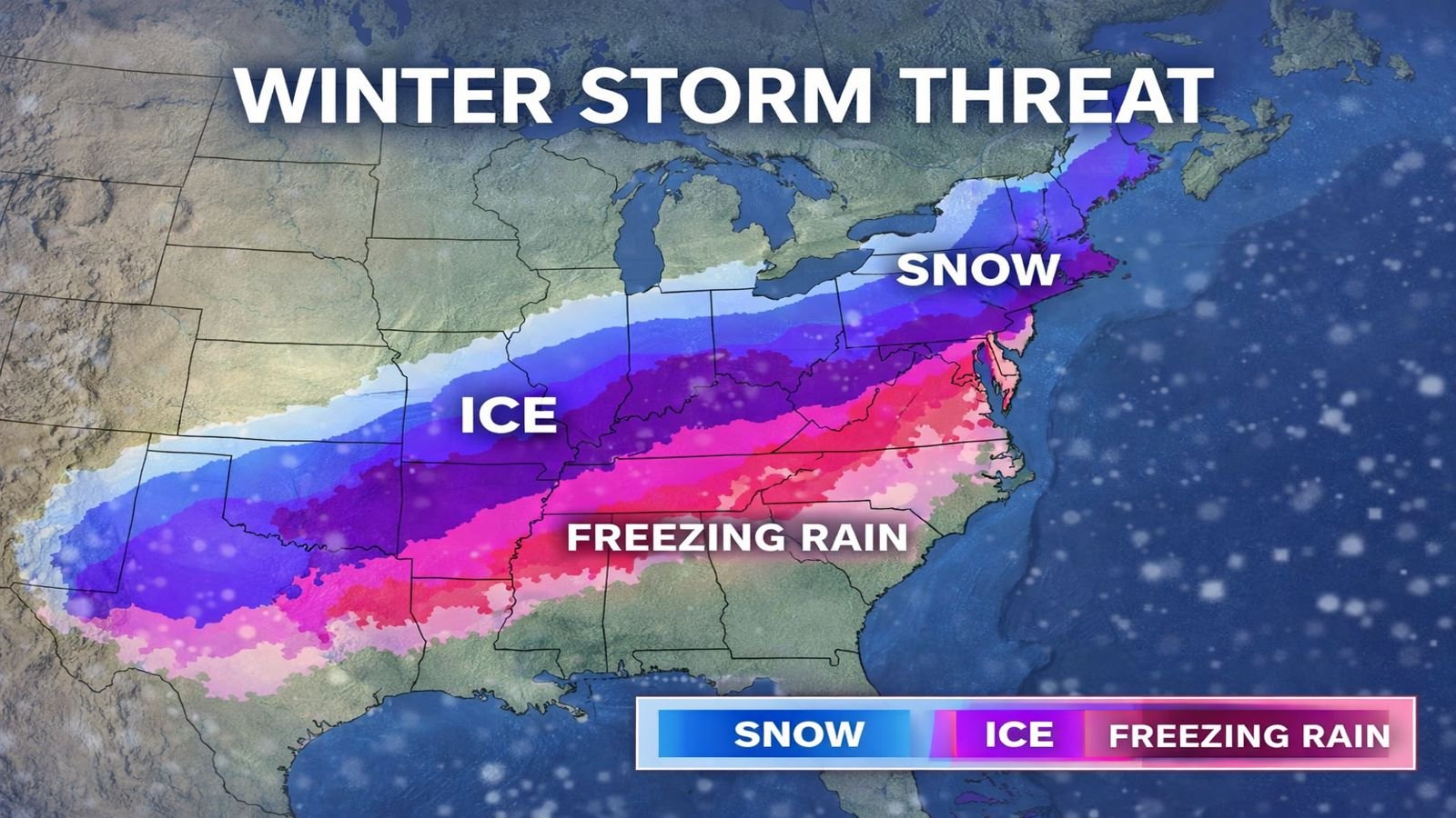 AI generated weather map showing winter storm impacts across the United States