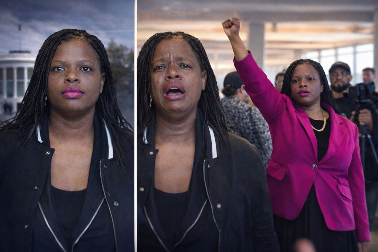 AI generated image showing a protest scene near a government building with focus on media scrutiny