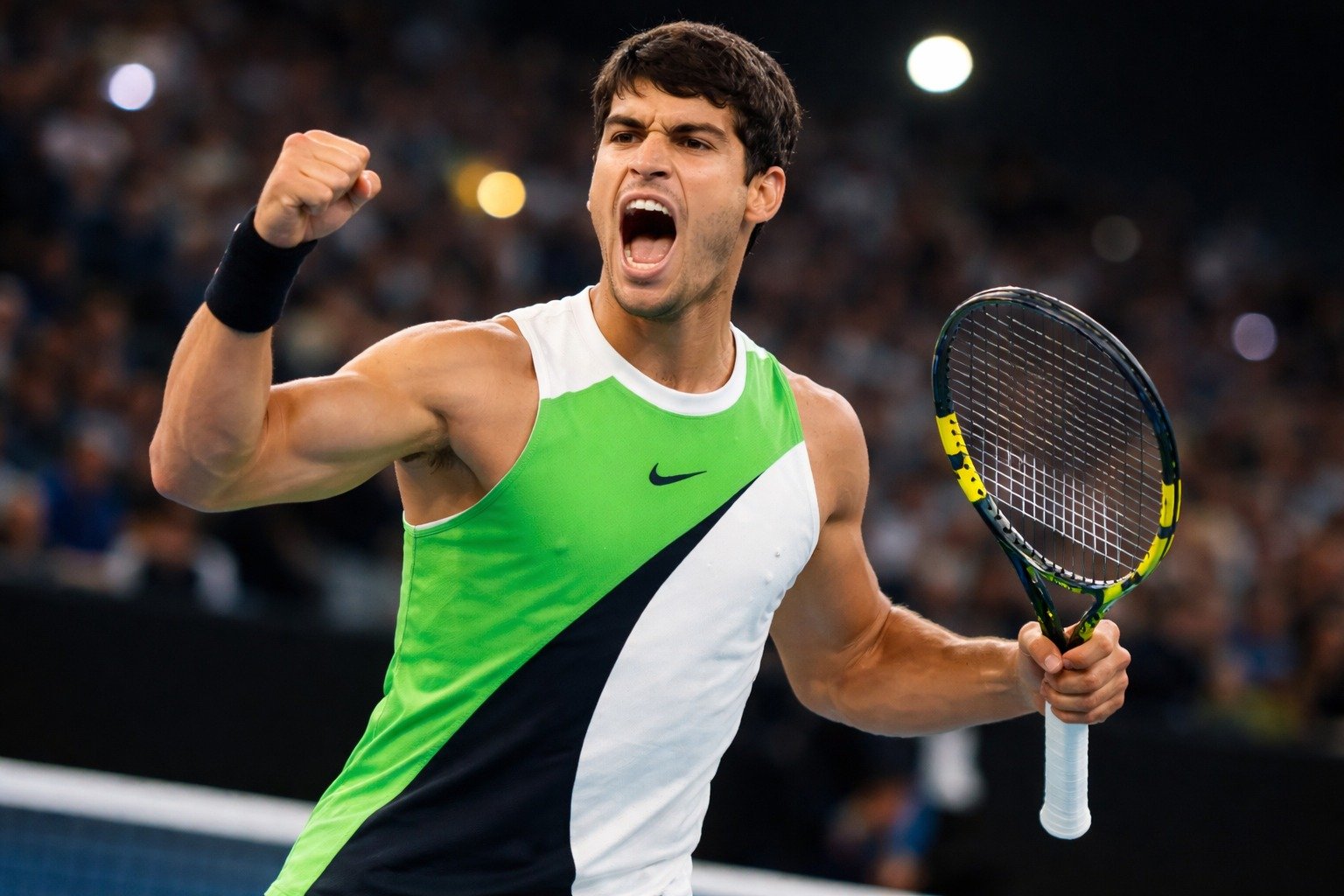 AI generated image of a tennis player celebrating with raised fist on an indoor court